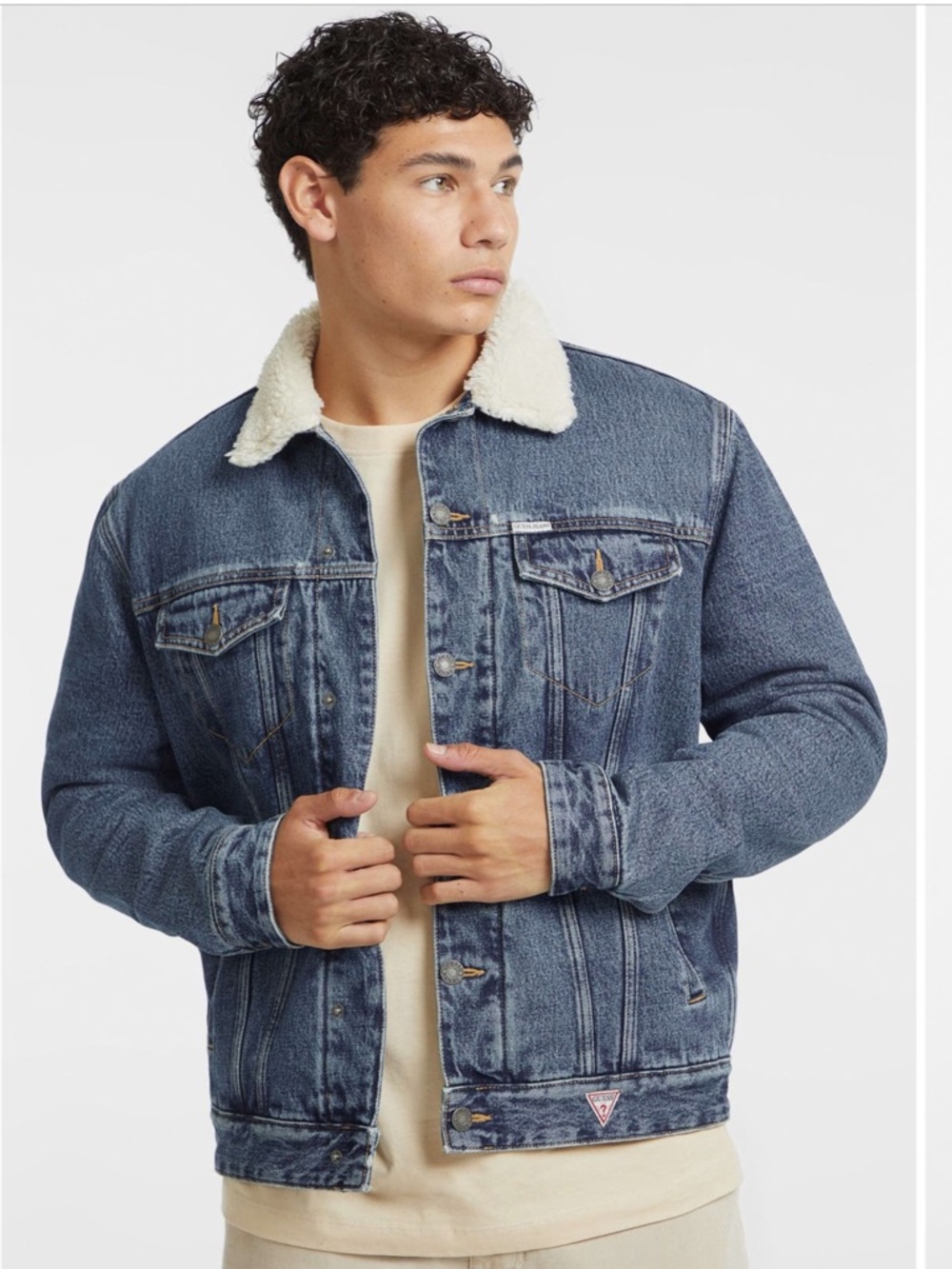 GUESS Denim Trucker Jacket with Faux Fur Shearling Collar